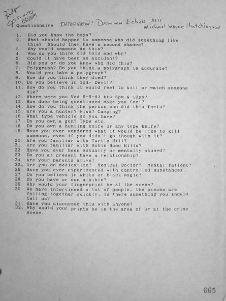 questionnaire for Echols May 10. 1993